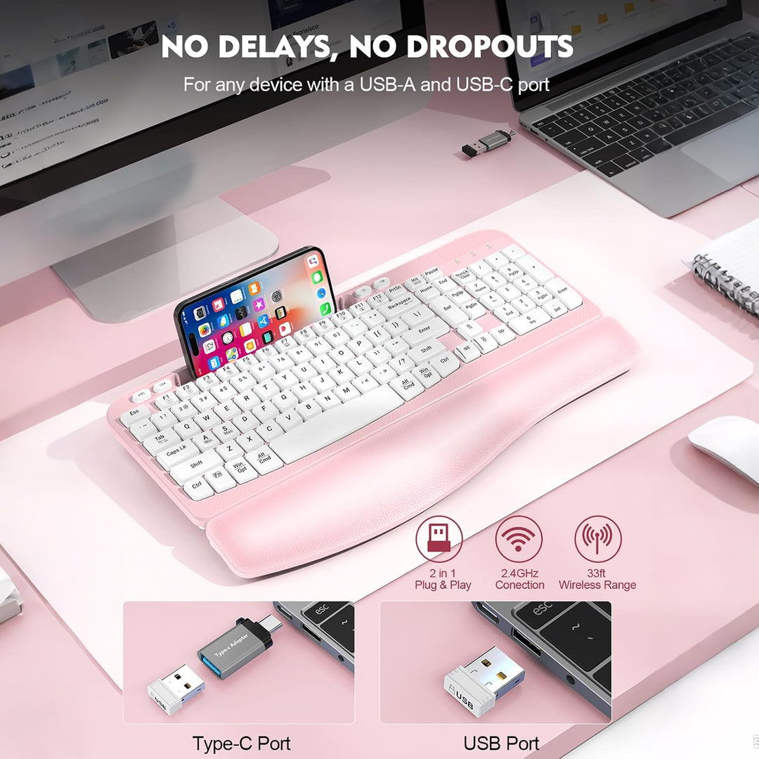 Teclado inalámbrico ergonómico con reposamuñecas acolchado, teclas...