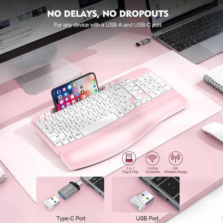 Teclado inalámbrico ergonómico con reposamuñecas acolchado, teclas...