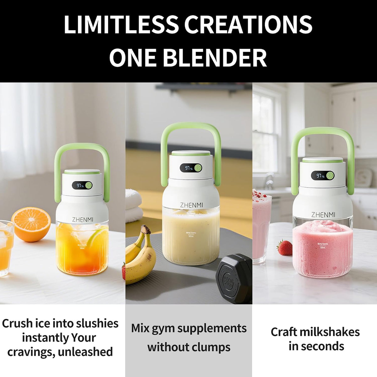 Batidora portátil para batidos y batidos, mezclador personal recargable de 34 onzas con 12 cuchillas de acero inoxidable para triturar hielo, diseño de viaje inalámbrico, pantalla LED, sin BPA
