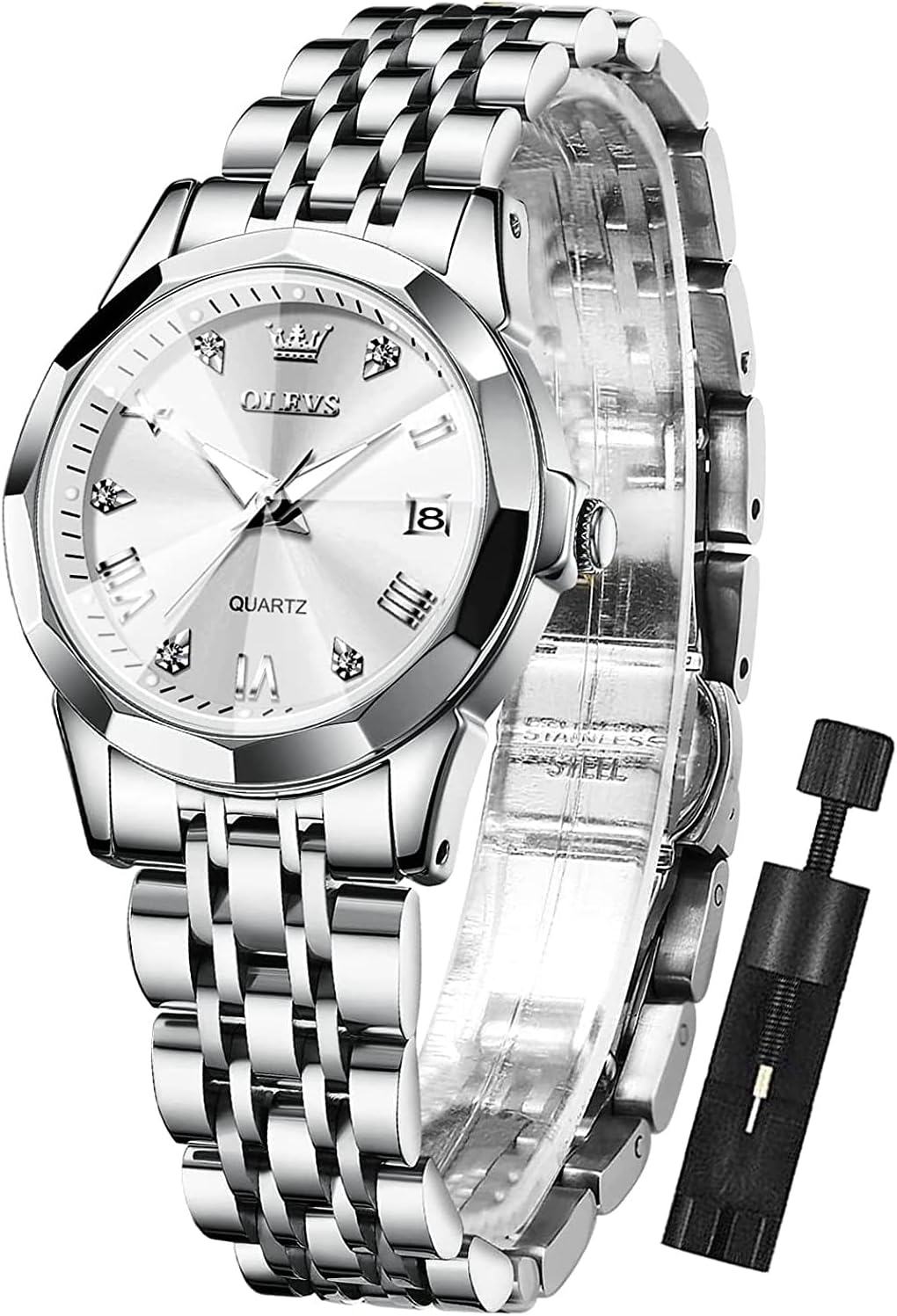 OLEVS Reloj para Mujer Moderno de Moda con Diamantes para Damas Analógico, Acero Inoxidable, Resistente al Agua, Luminosa, Día, Fecha, Dos Tonos