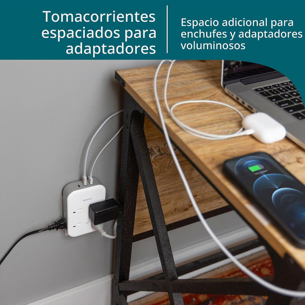 Philips Enchufe contra sobretensiones todo en uno con USB, 4 tomas con conexión a tierra y 4 tomas polarizadas, 2 puertos USB-C y 1 puerto USB-A, 15W compartidos, 1140 julios, certificado ETL, blanco