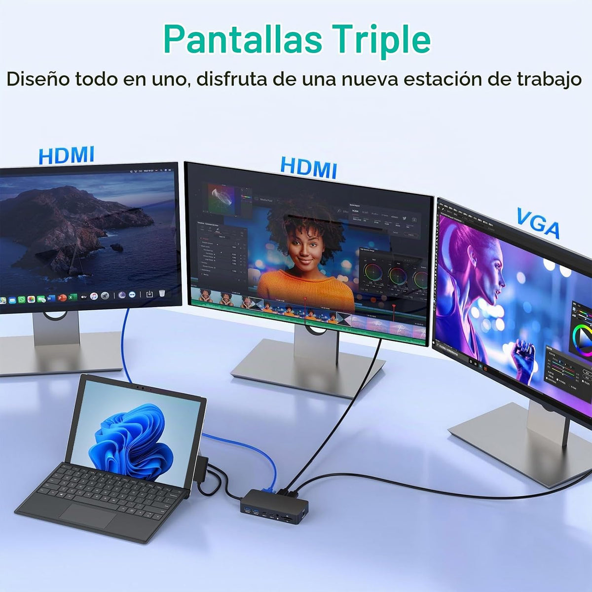 Estación de acoplamiento para superficie con pantallas triples HDMI + VGA dual con adaptador de corriente, 12 en 1 Surface Dock 2 para Microsoft Surface Pro 12/11/10/9/8/X/7/6/5/4/3, Surface Laptop 7