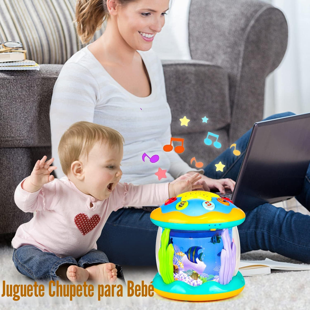 Juguetes musicales con luz para el tiempo de barriga, juguete de proyector giratorio de océano para niño y niña