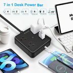 Paquete de 2 regletas de alimentación de enchufe ultra plano, regletas de alimentación con 4 tomas amplias, cable de extensión de enchufe plano de 6 pies con 3 puertos USB (1 puerto USB C), estación de carga de escritorio delgada, color negro