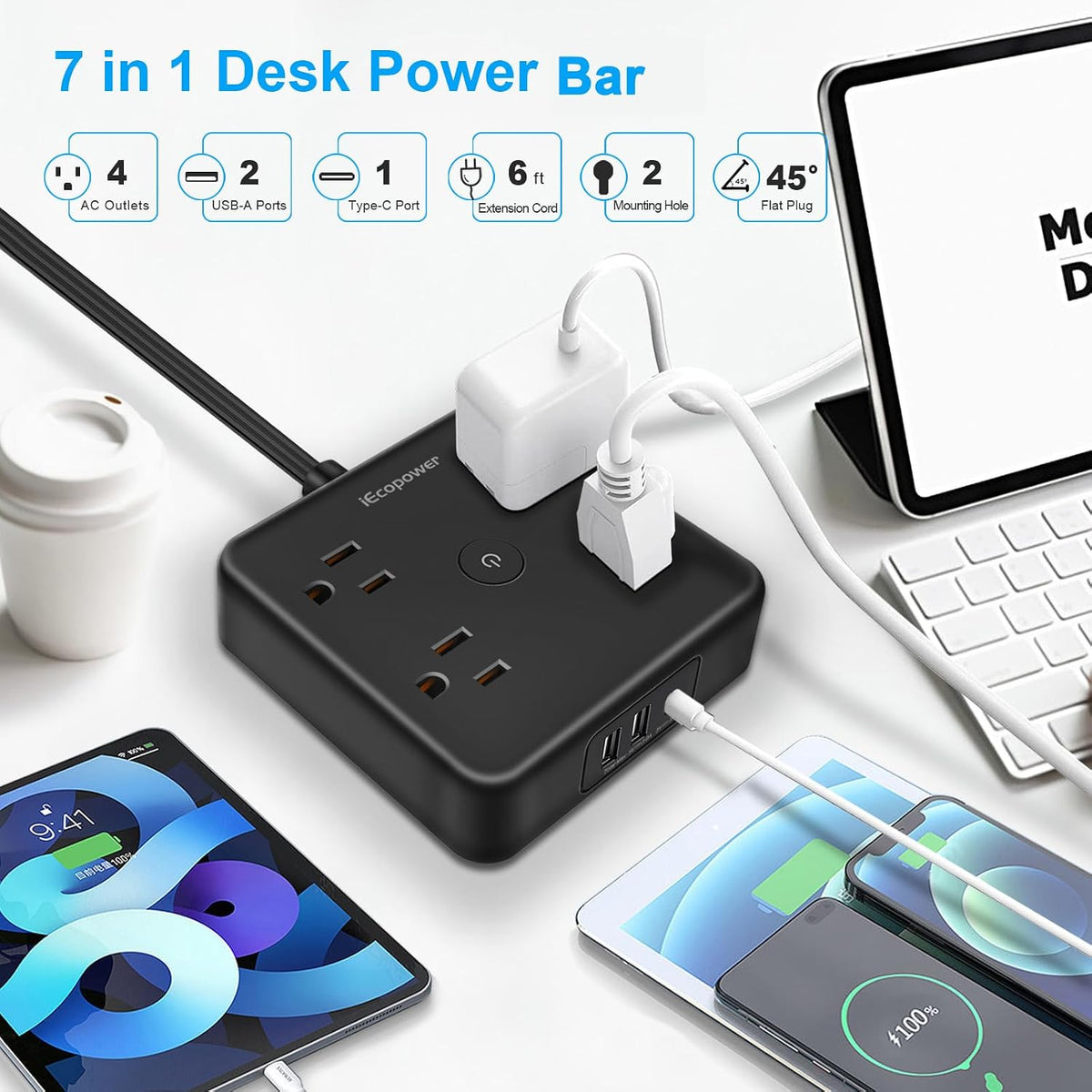 Paquete de 2 regletas de alimentación de enchufe ultra plano, regletas de alimentación con 4 tomas amplias, cable de extensión de enchufe plano de 6 pies con 3 puertos USB (1 puerto USB C), estación de carga de escritorio delgada, color negro