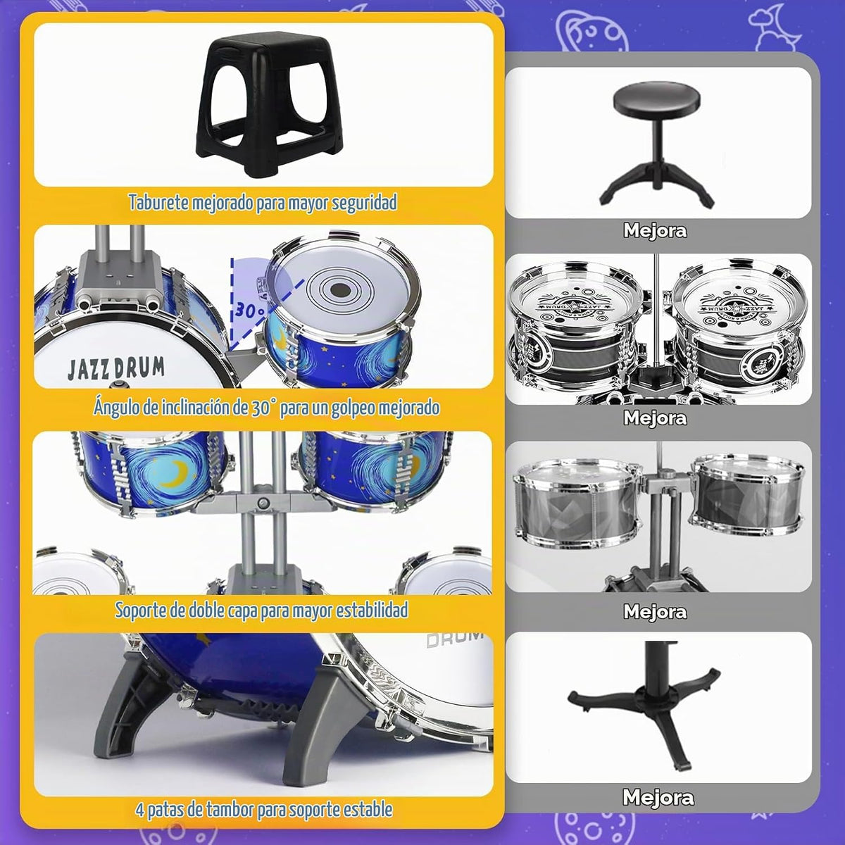 Set de Tambor para Niños Mejorado para Toddlers de 3-5 Años: Tambor Jazz de Plástico con Banqueta
