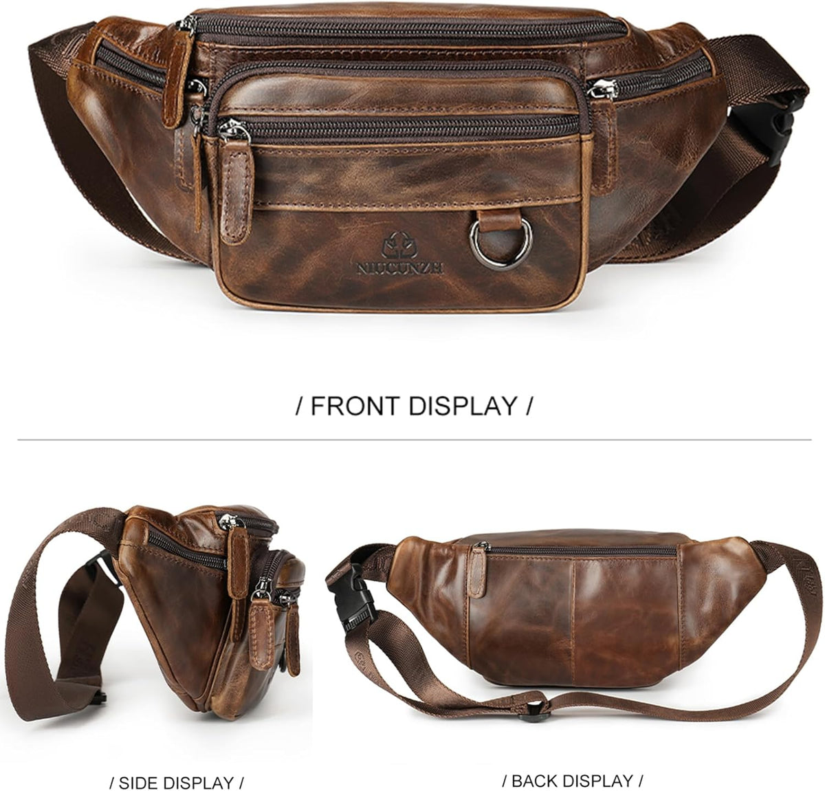 Riñonera de cuero genuino hecha a mano Bolsa de cintura de piel de vaca duradera Lotes de bolsillo con cremallera antirrobo, marrón (Brown Waxed), Pequeña