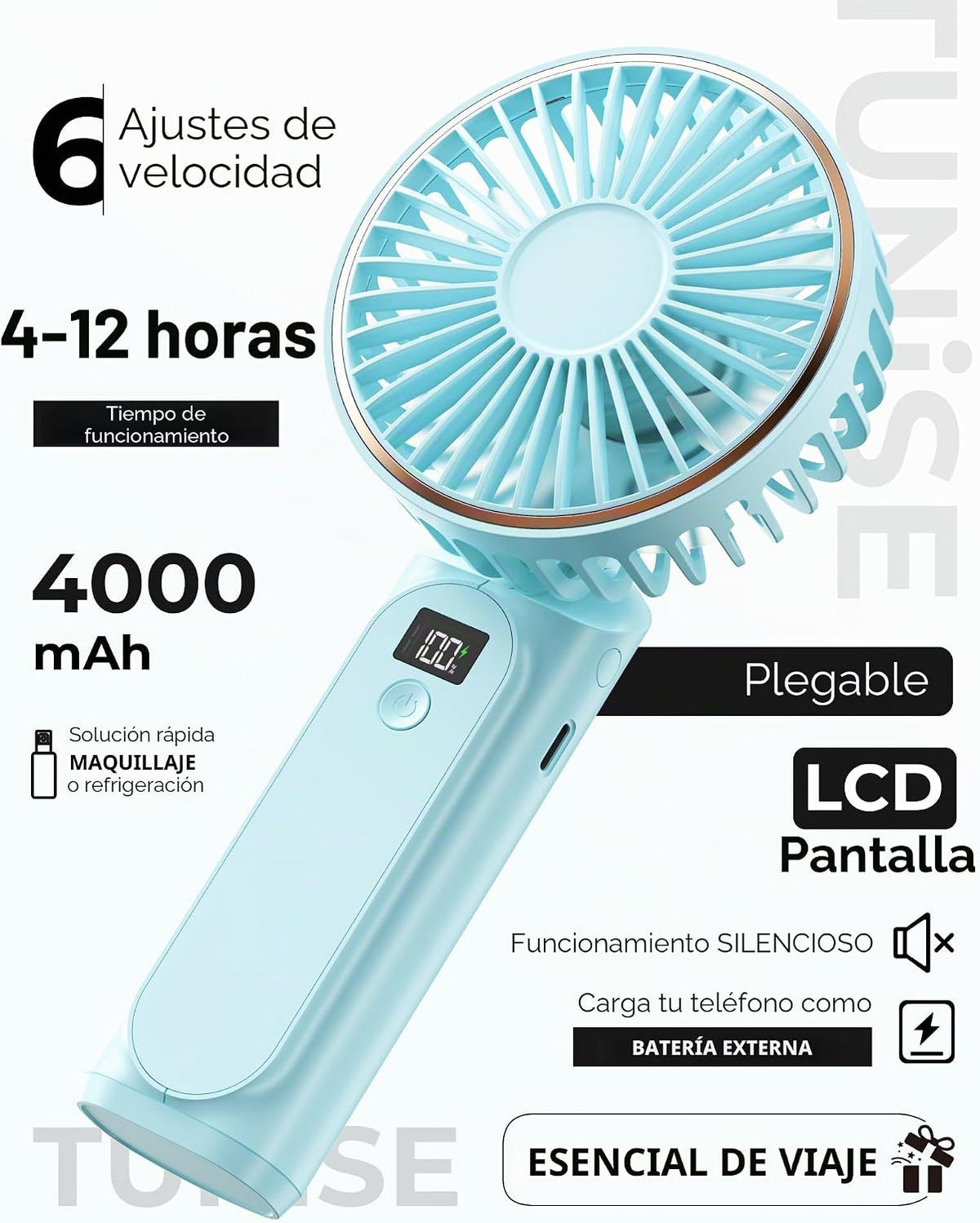 TUNISE Ventilador portátil de mano, 4000mAh, 180 ajustable, 6 veloc...
