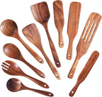 Cucharas de madera para cocinar, juego de 10 utensilios de cocina de madera, utensilios de cocina de madera para sartén antiadherente, juego de utensilios de madera de teca, herramientas de