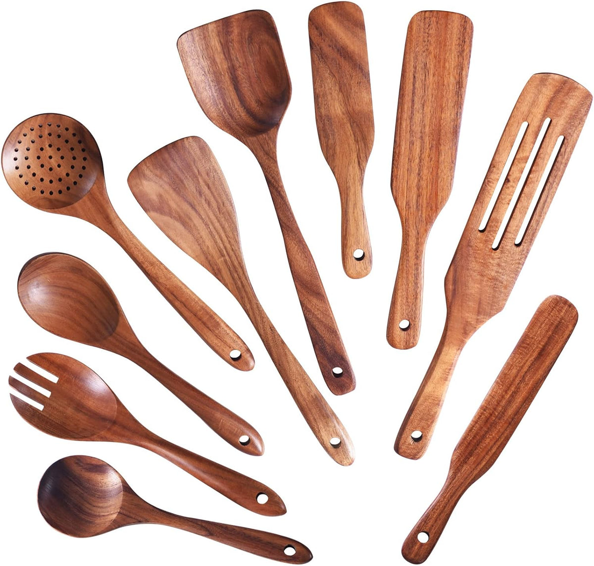 Cucharas de madera para cocinar, juego de 10 utensilios de cocina de madera, utensilios de cocina de madera para sartén antiadherente, juego de utensilios de madera de teca, herramientas de