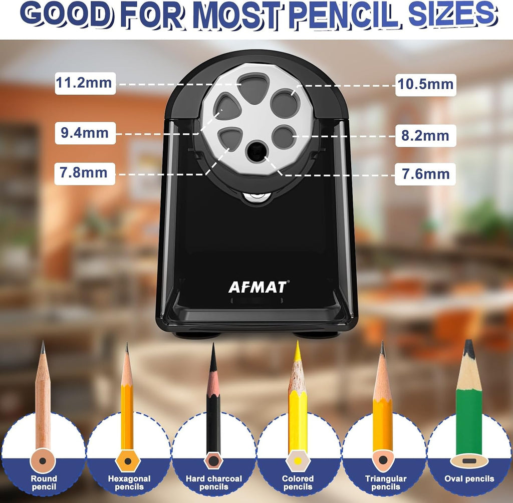 AFMAT Sacapuntas eléctrico para aula, 6 agujeros, sacapuntas de alta resistencia para el hogar, sacapuntas enchufable para lápices de 0.236 a 0.394 pulgadas, parada automática, súper rápido, ahorra lápices, PSX2