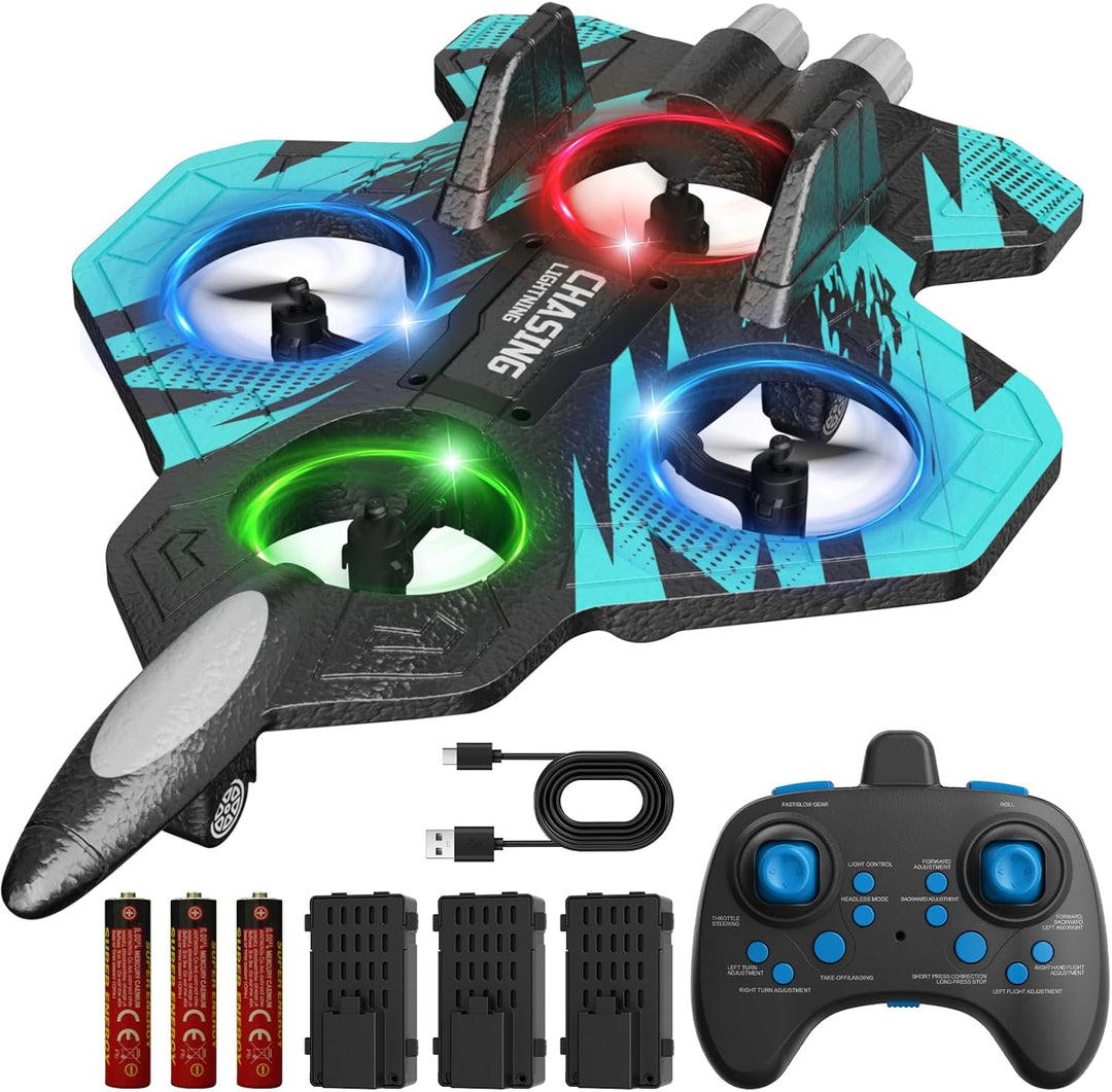 FUNPX Avión RC de espuma con luz LED fría, modo giratorio de 360° y...
