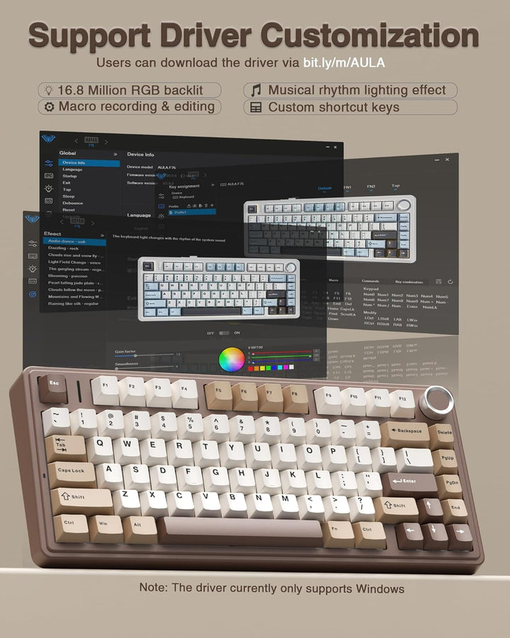 AULA Teclado mecánico inalámbrico F75 75%, teclado cremoso intercam...