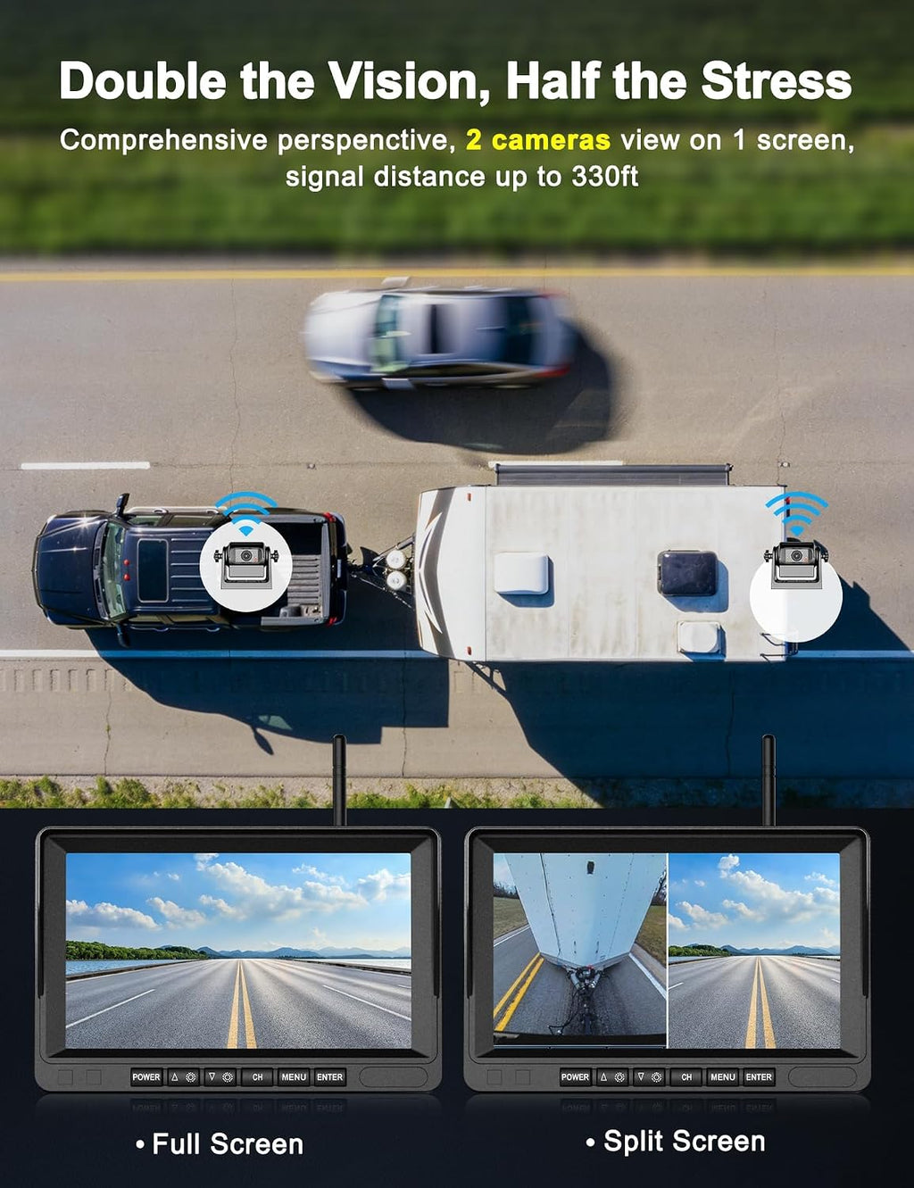 EWAY 2 cámaras magnéticas inalámbricas WiFi de respaldo de 7 pulgadas, monitor IPS HD 1080P, batería recargable sin cableado, cámara de enganche de monitoreo trasero para automóvil, camión, camioneta, caravana, cámper, quinta rueda, caballo, barco