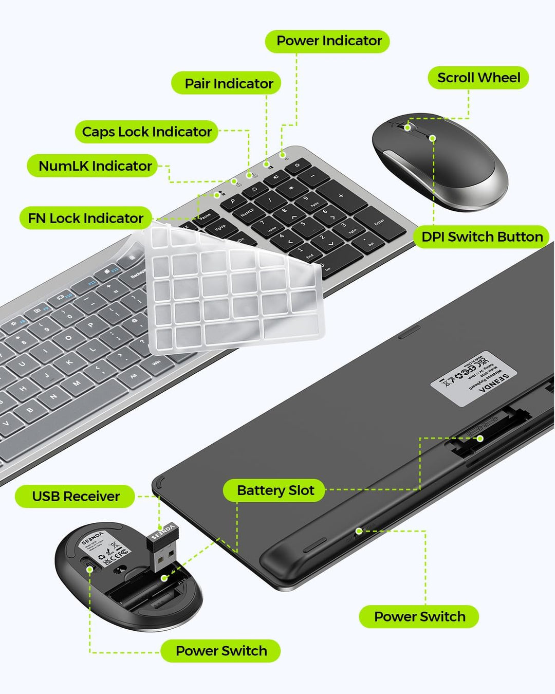 Combo de teclado y mouse inalámbricos, tamaño completo, delgado, in...