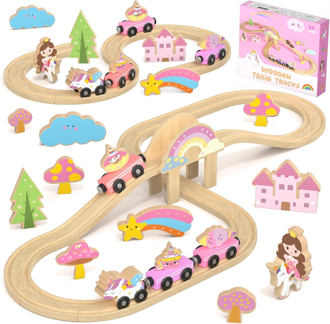 Juego de tren de madera de unicornio para niñas pequeñas de 2 a 4 a...