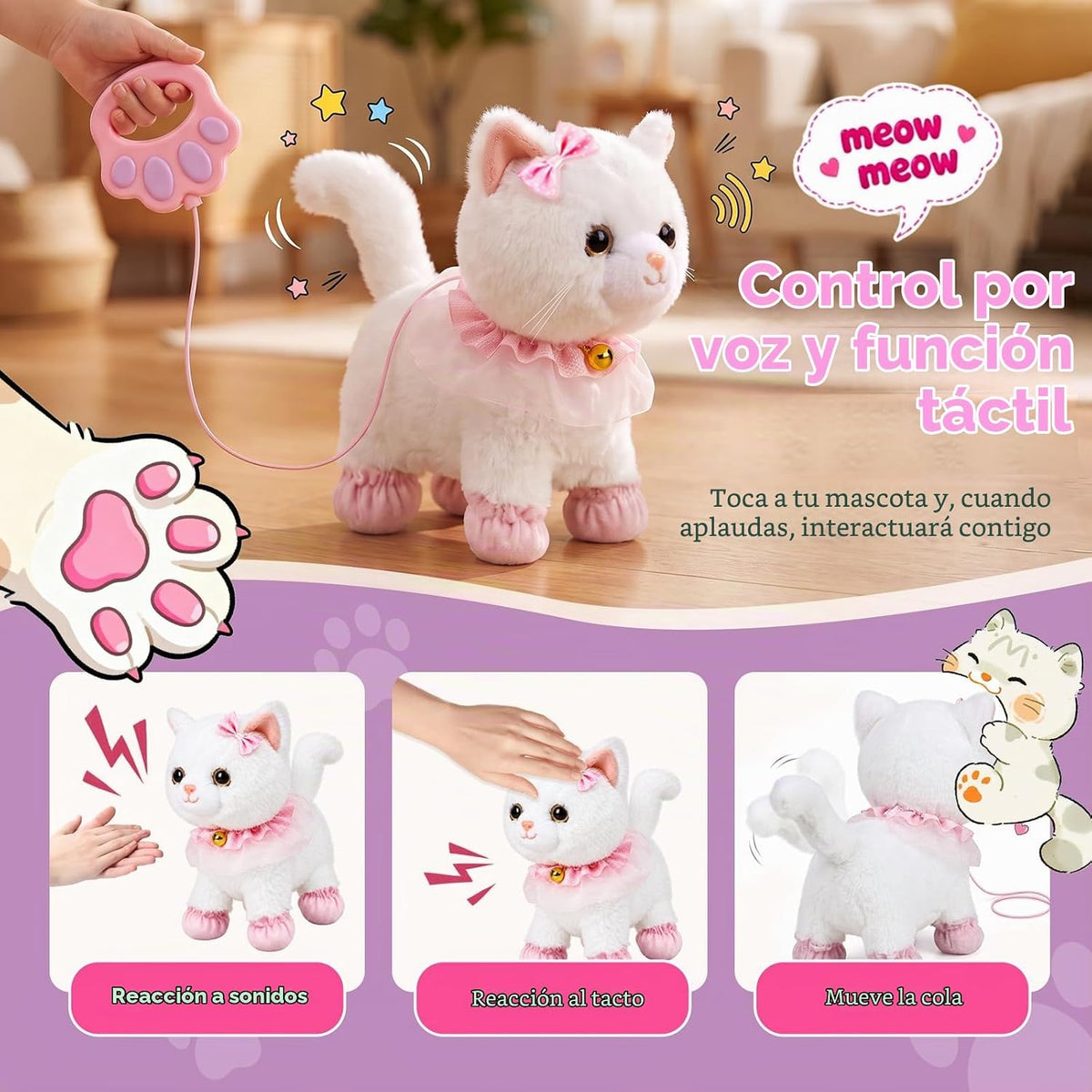 Juguete felino interactivo de peluche electrónico que camina y ladra, gato robot con control remoto para niñas (Gato blanco)