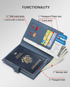 Karmiir Cartera de viaje RFID para pasaporte para mujer, funda de pasaporte de cuero con ranuras para tarjetas SIM, bolsillo con cremallera para monedas y ranura para efectivo, cartera de viaje