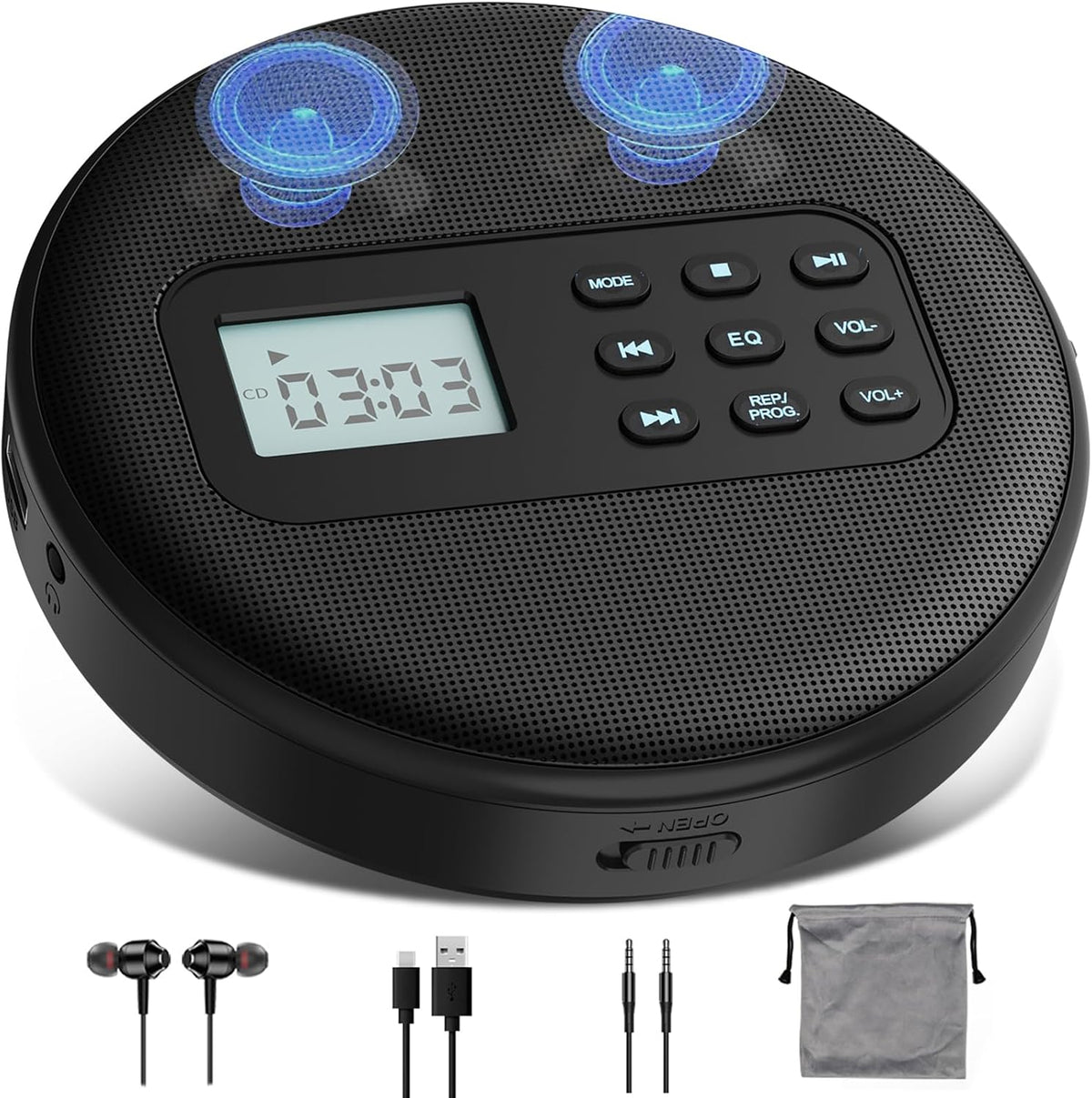Reproductor de CD portátil con auriculares y altavoces integrados
