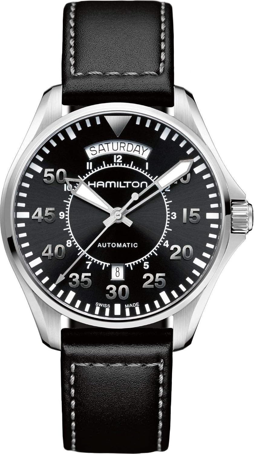 Hamilton Reloj casual automático suizo de acero inoxidable y cuero negro 'Khaki Aviation' para hombre (Modelo: H64615735), Tono-plateado, Vintage