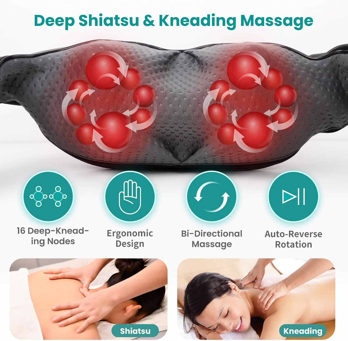 Almohada Nekteck Shiatsu de amasamiento profundo masajeador con calor para pie, cuello, hombros, y espalda. Almohada para masaje, Negro, 1