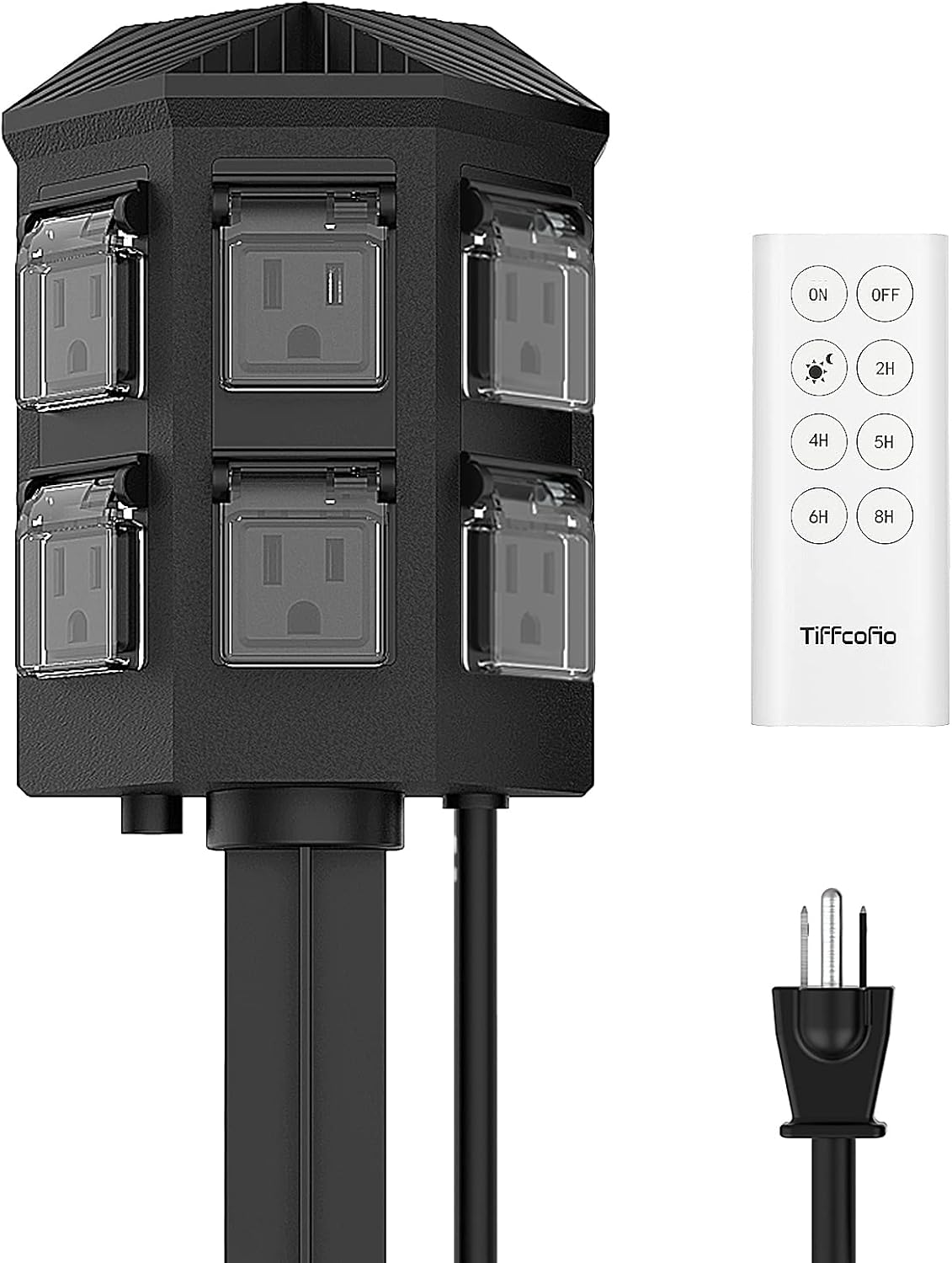 Temporizador de estaca eléctrica para exteriores, control remoto de 100 pies, temporizador de luz de Navidad del atardecer al amanecer, cable de extensión de 6 pies impermeable, 6 salidas a