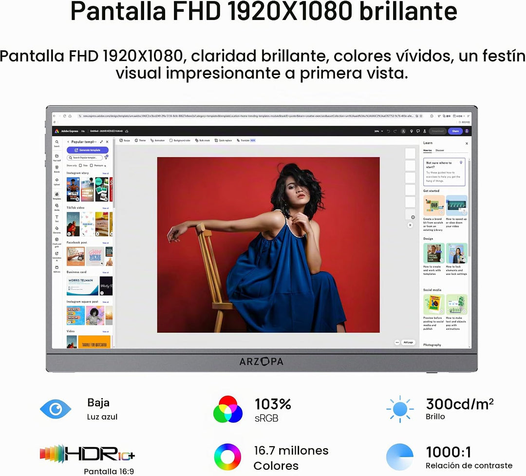 ARZOPA Monitor portátil gris de 17.3", 1080P FHD 103% sRGB IPS...