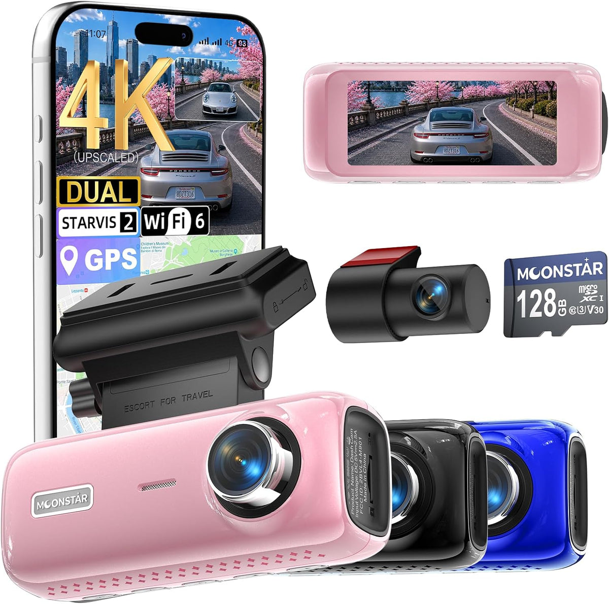Cámara de tablero dual 4K frontal y trasera, sensor STARVIS 2, Wi‑Fi 6, GPS, Rosa