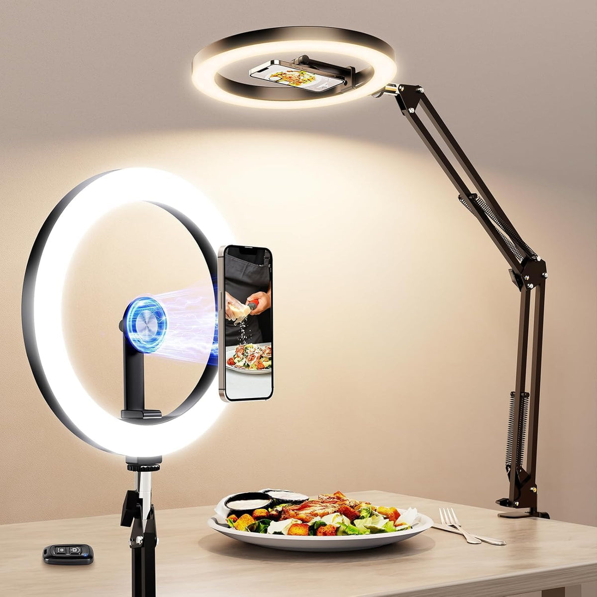 Anillo de luz con soporte magnético para teléfono, soporte de teléfono superior para escritorio, trípode LED de 10 pulgadas para iPhone con anillo de luz y control remoto, soporte de teléfonos para