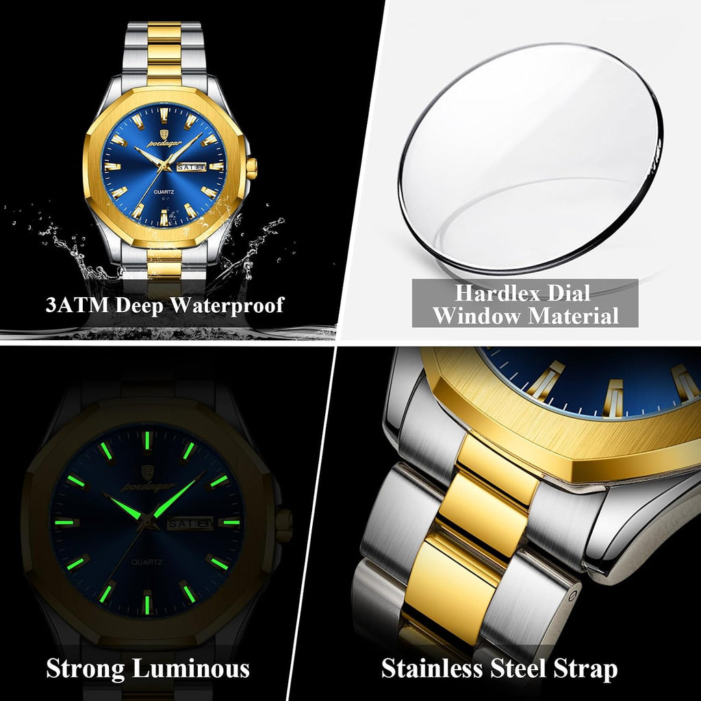 Poedagar Reloj de pulsera casual de lujo para hombre, resistente al agua, luminoso, con fecha, para hombre, de acero inoxidable, de cuarzo, para hombre