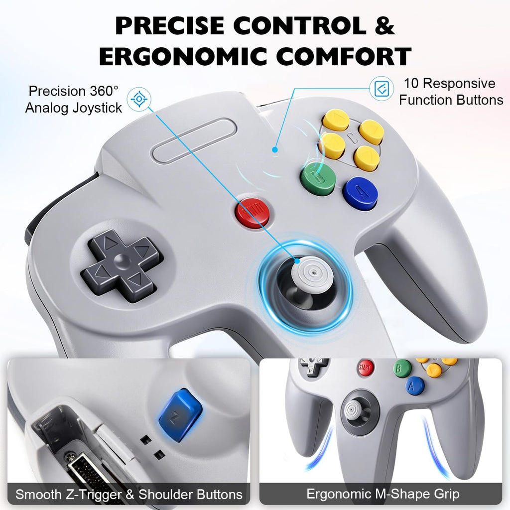 miadore Paquete de 4 Controladores Clásicos N64, Gamepad Clásico N64 con Joystick Mejorado (Versión USB no para PC) (Negro/Gris/Rojo/Azul)