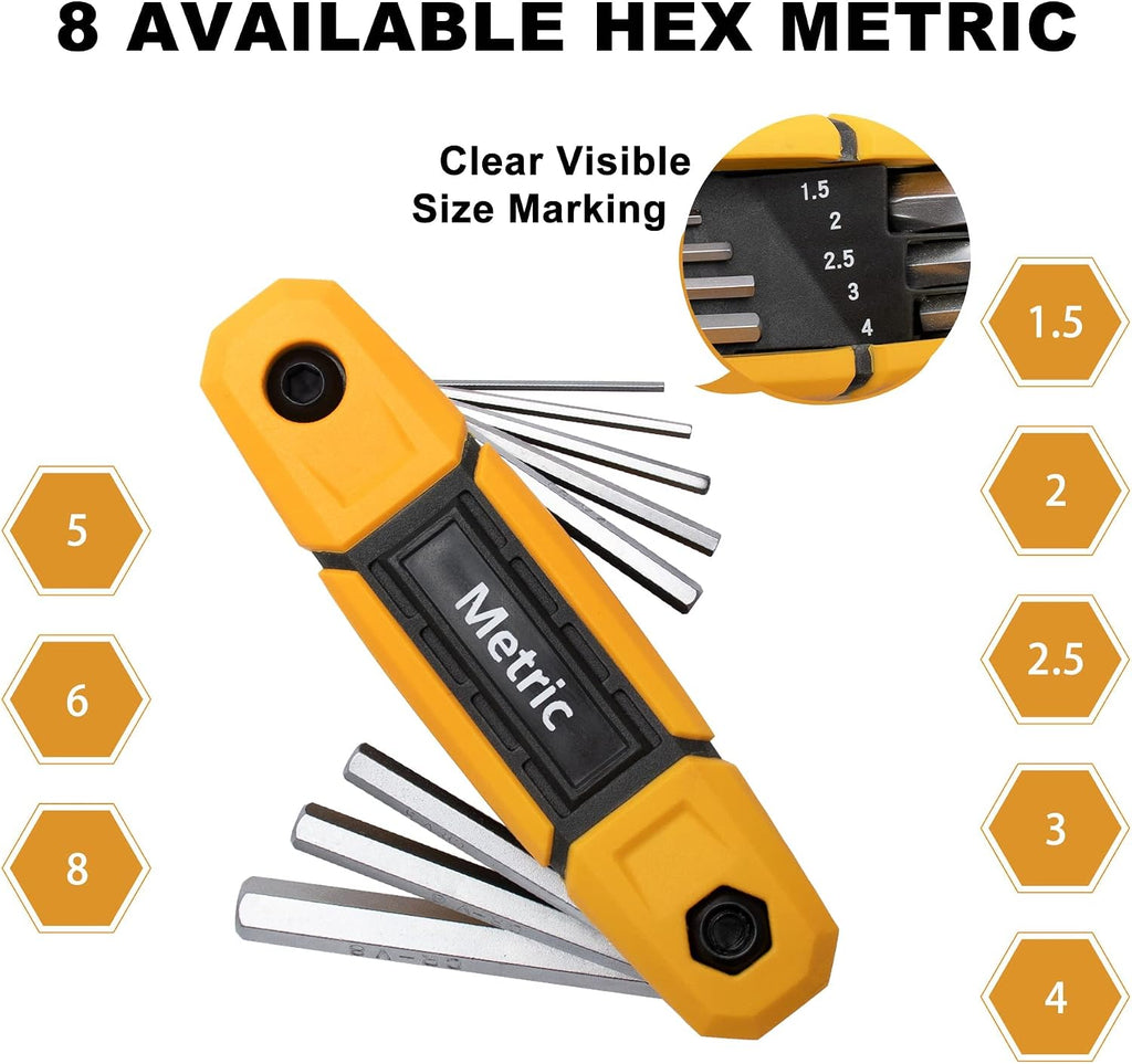 MULWARK Juego de 4 llaves Allen plegables | Juego completo de 17 llaves hexagonales métricas y estándar SAE con soportes portátiles para reparación básica del hogar, montaje de muebles y proyectos de