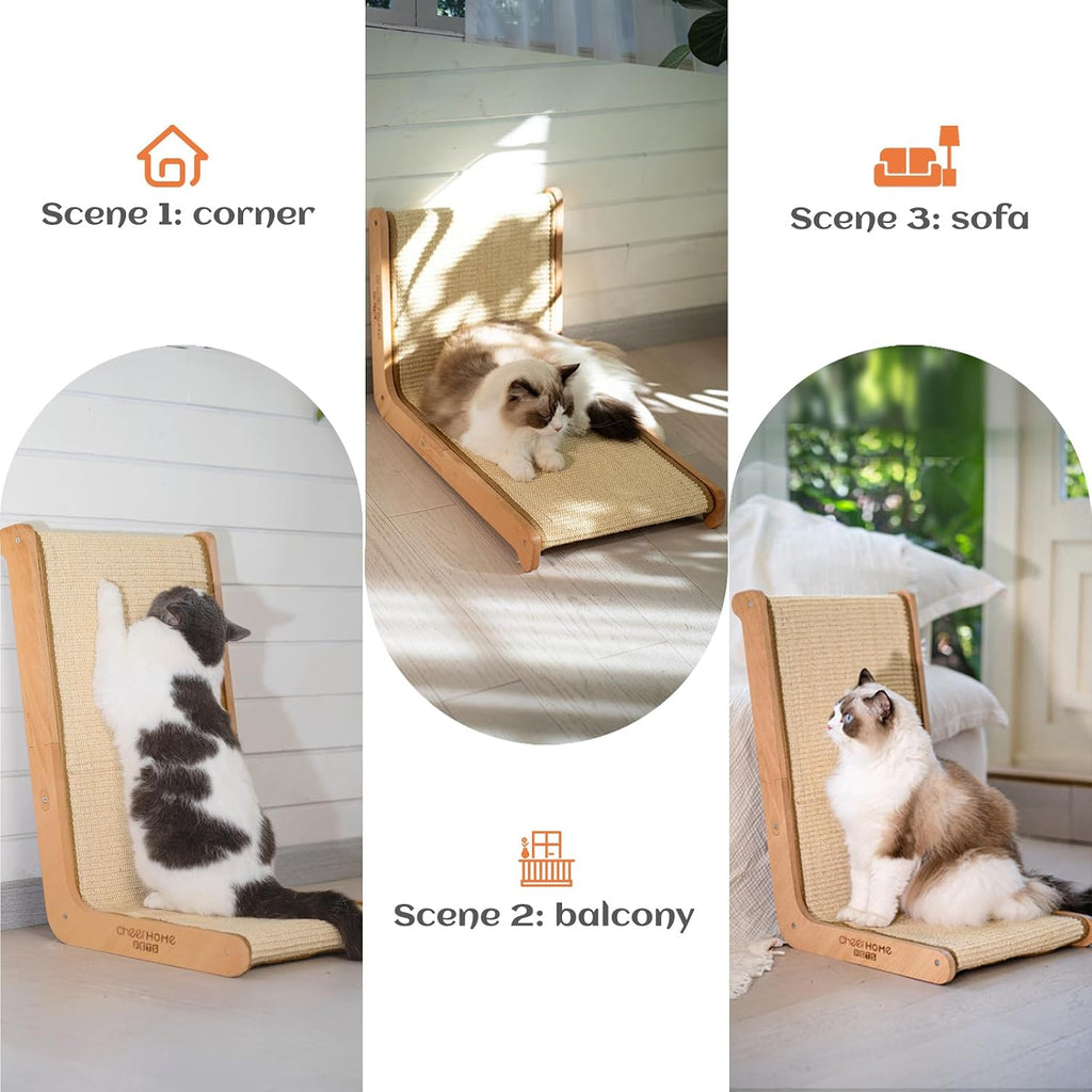 Rascador vertical para gatos de sisal en forma de L, madera