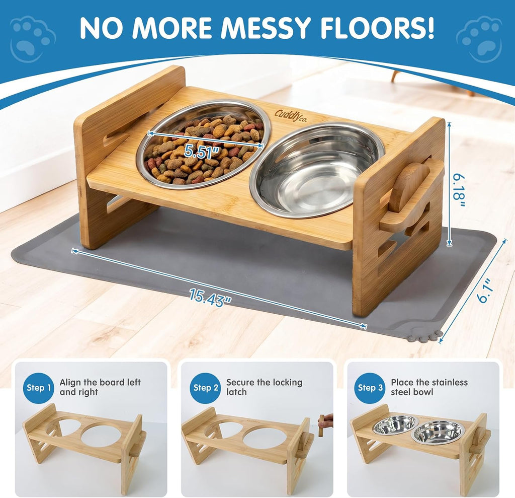 Cuencos elevados para perros y gatos pequeños, soporte elevado ajustable para perros con 6 alturas, inclinación de 15°, alfombrilla de silicona a prueba de derrames, 2 cuencos de acero inoxidable, comedero de bambú