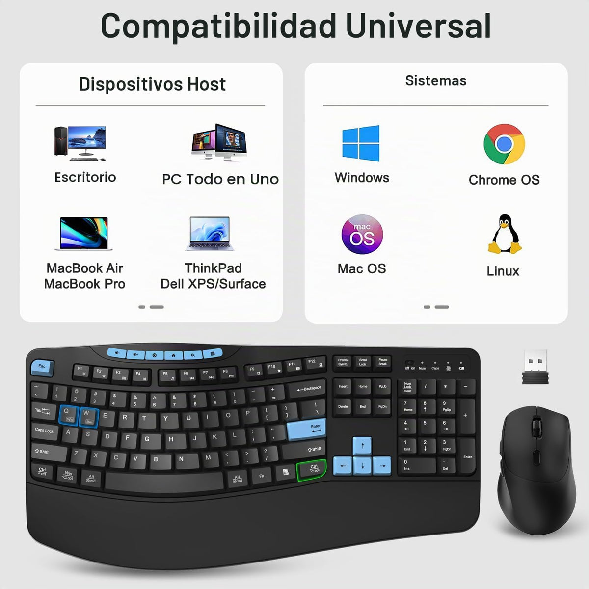 Combo de teclado y mouse inalámbricos, teclado ergonómico con 6 tec...