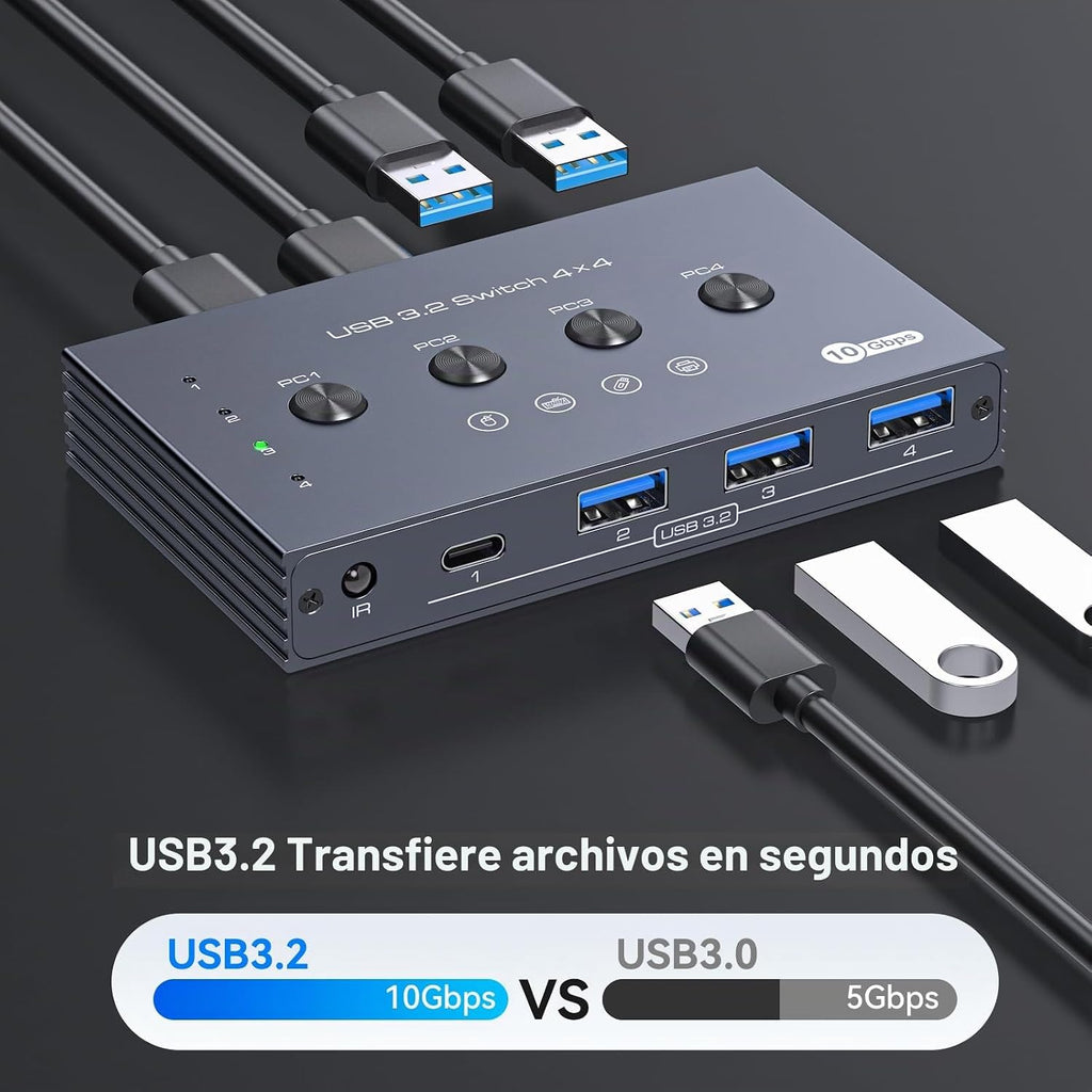 Selector de interruptor USB 3.2 4 computadoras comparten 1 USBC y 3 dispositivos USBA 10Gbps interruptor USB de 4 puertos para compartir teclado, ratón, impresora, escáner con cable, control remoto y