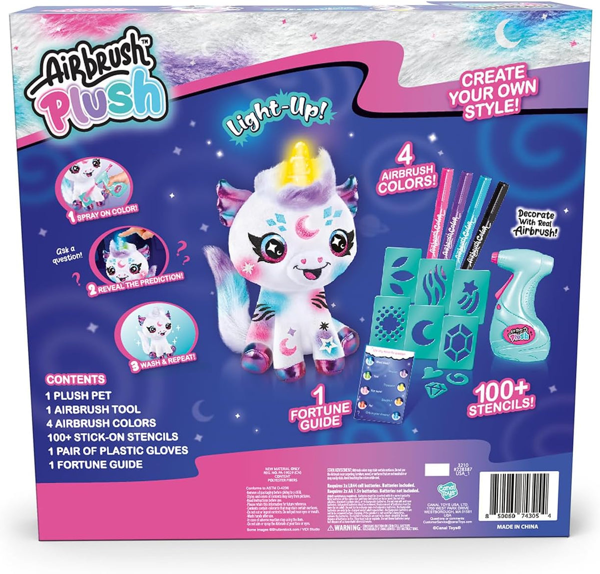 Canal Toys Unicornio cósmico con luz de aerógrafo. Decora, lava, repite. Personaliza tu propia felpa de arte en aerosol. Ilumina el cuerno de adivinos. A partir de 6 años