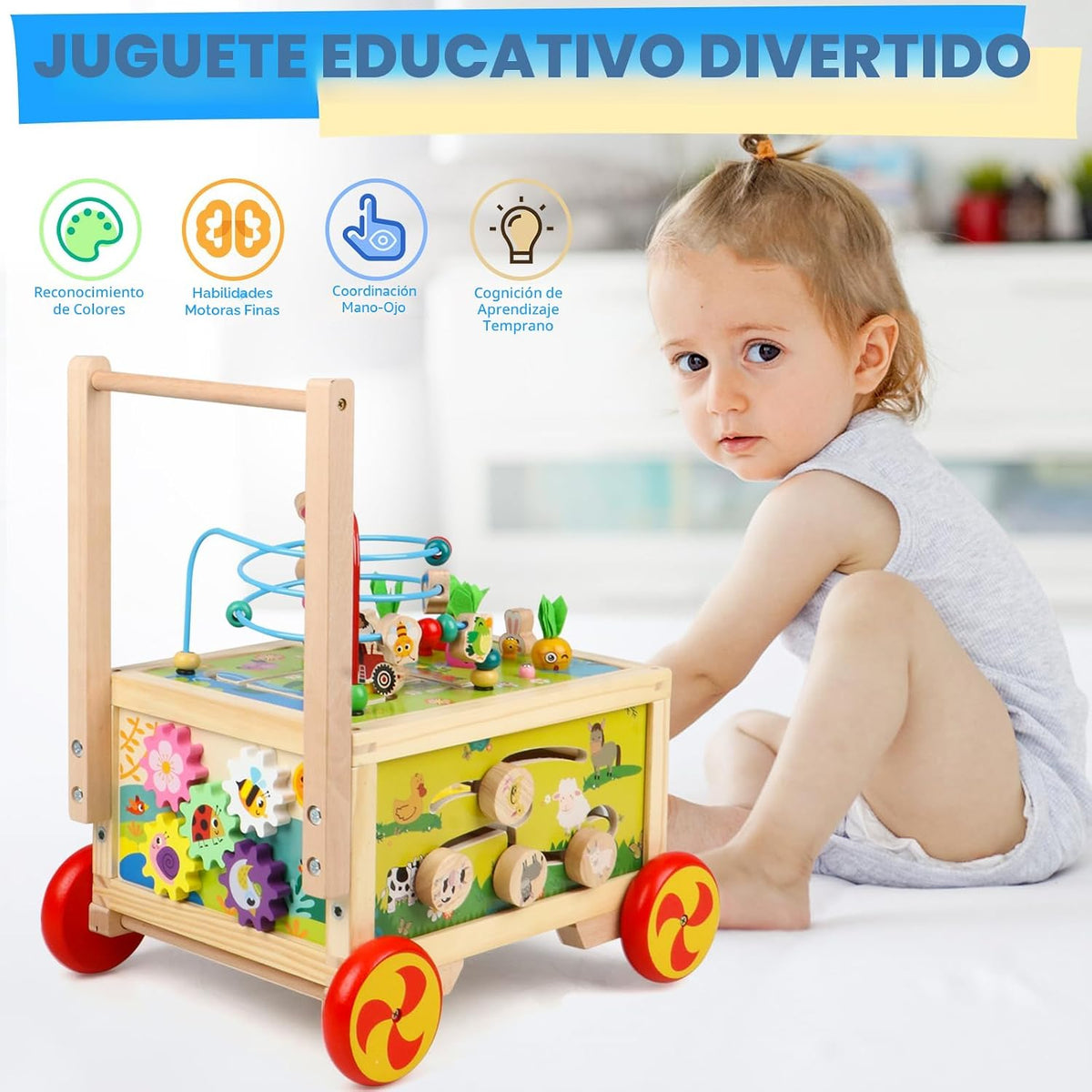 Cubo de actividades de madera 7 en 1, juguete Montessori, juguete educativo multipropósito de aprendizaje para bebé niño pequeño niño de 1+ año, regalo de primer cumpleaños para niño, laberinto de