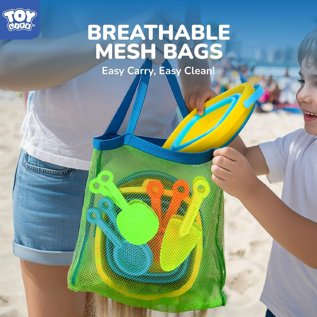 TOY Life Juguetes de playa plegables para niños con 4 cubos de arena plegables de silicona y 8 palas y bolsa de malla, accesorios de playa para viajes, juguetes de arena para niños, juguetes de caja
