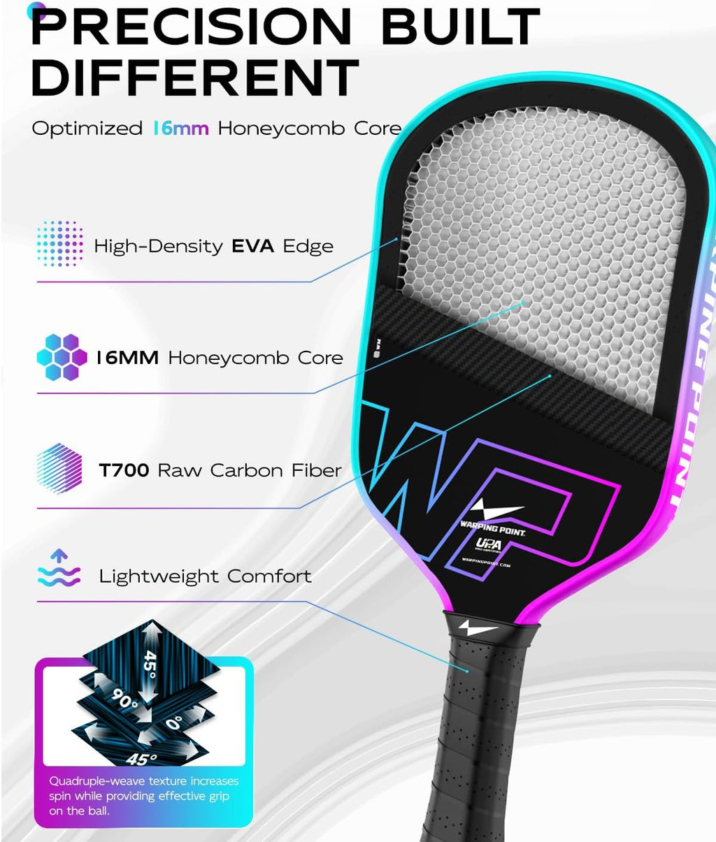 Warping Point Pala de pickleball Neon Gen 3, aprobada por UPA-A, fibra de carbono T700 cruda de triple capa, núcleo EdgeFusion de 16 mm, marco termoformado, giro a nivel de torneo, control y potencia