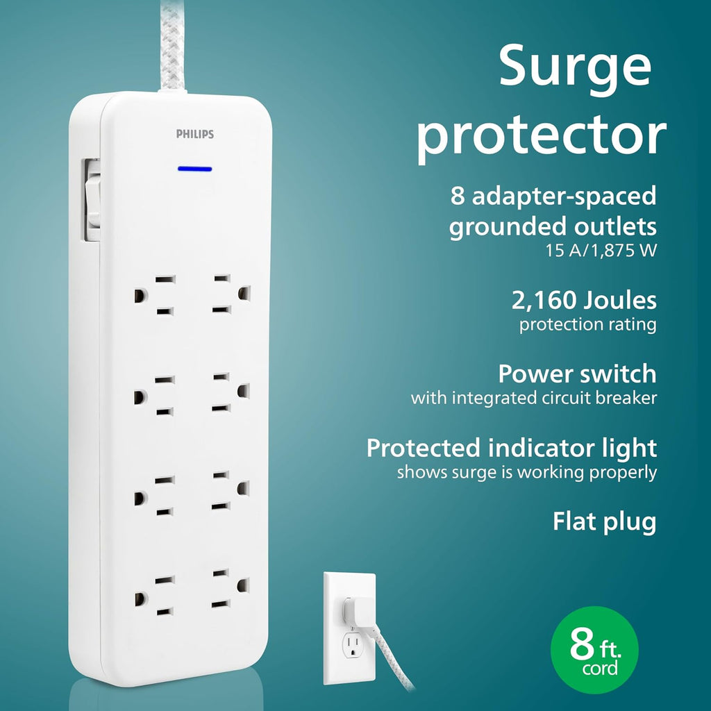 Philips Regleta protectora de sobretensiones, cable de extensión trenzado