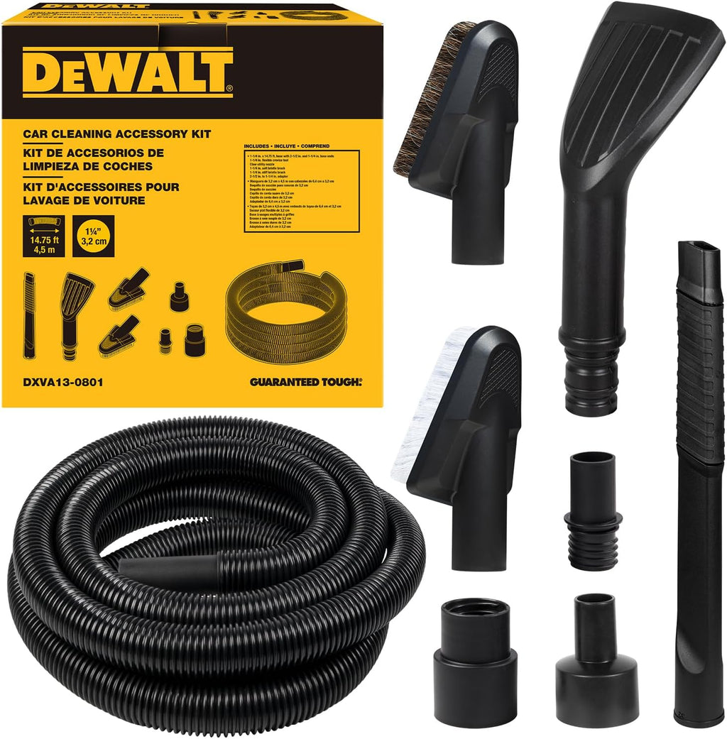 DEWALT Kit de accesorios de manguera de vacío para detalles de automóviles de 8 piezas, accesorios de aspiradora de tienda para limpieza eficiente, compatible con la mayoría de aspiradoras húmedas y