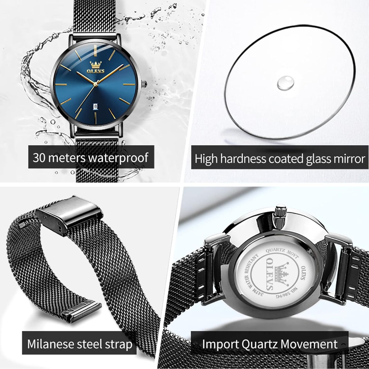 OLEVS Reloj de pulsera de malla para mujer, elegante cara grande de tres manecillas analógicas de cuarzo, reloj de pulsera femenino elegante y delgado con pantalla de fecha impermeable, relojes para