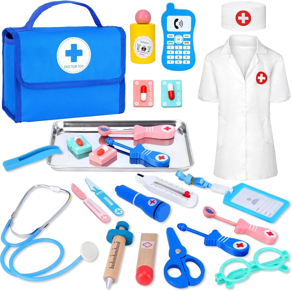 Kit de médico para niños pequeños de 3 a 5 años, kit de médico para niños con bolsa de almacenamiento médico y estetoscopio real, disfraz de médico para juegos de simulación, regalo de cumpleaños para niñas y niños (21 piezas)