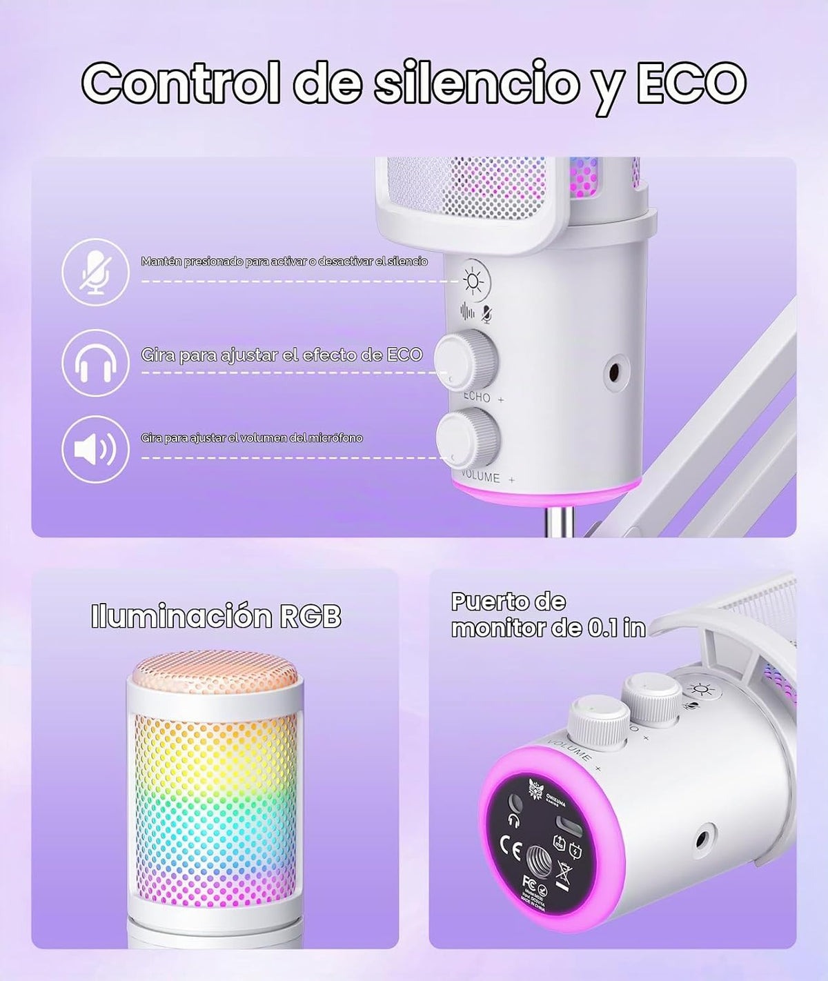 Micrófono USB para juegos, micrófono condensador con cancelación de ruido con silencio, ajuste de reverberación de micrófono de brazo de brazo, monitoreo para transmisión, podcasting, discordia