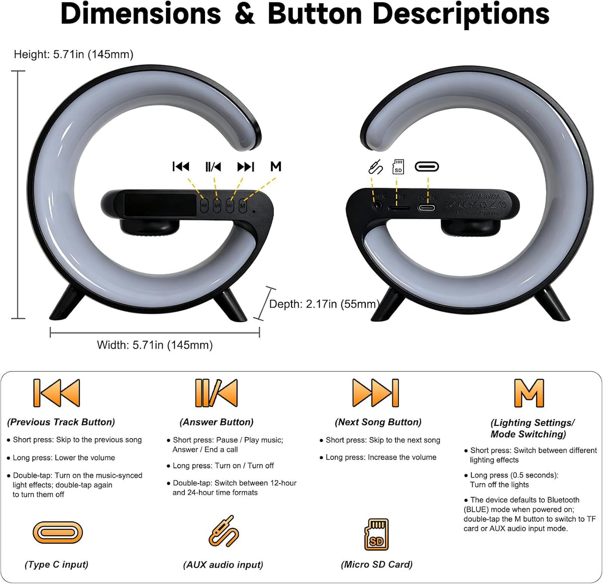 Lámpara Lámpara de mesa LED inteligente 5 en 1 con cargador inalámbrico, altavoz Bluetooth, reloj despertador, luz nocturna, estación de carga para dormitorio, mesita de noche, escritorio
