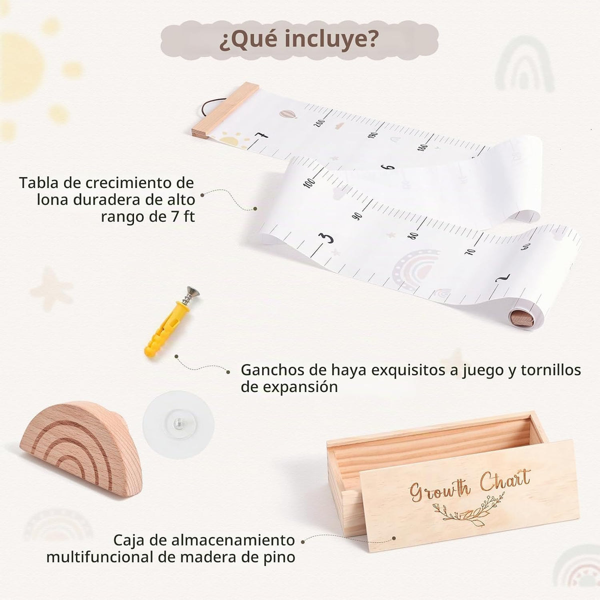 let's make Tabla de crecimiento para pared, tabla de altura de 7 pies con caja de recuerdos y gancho, regla de pared de lona impermeable, extraíble neutra, decoración de pared para bebés, niños pequeños