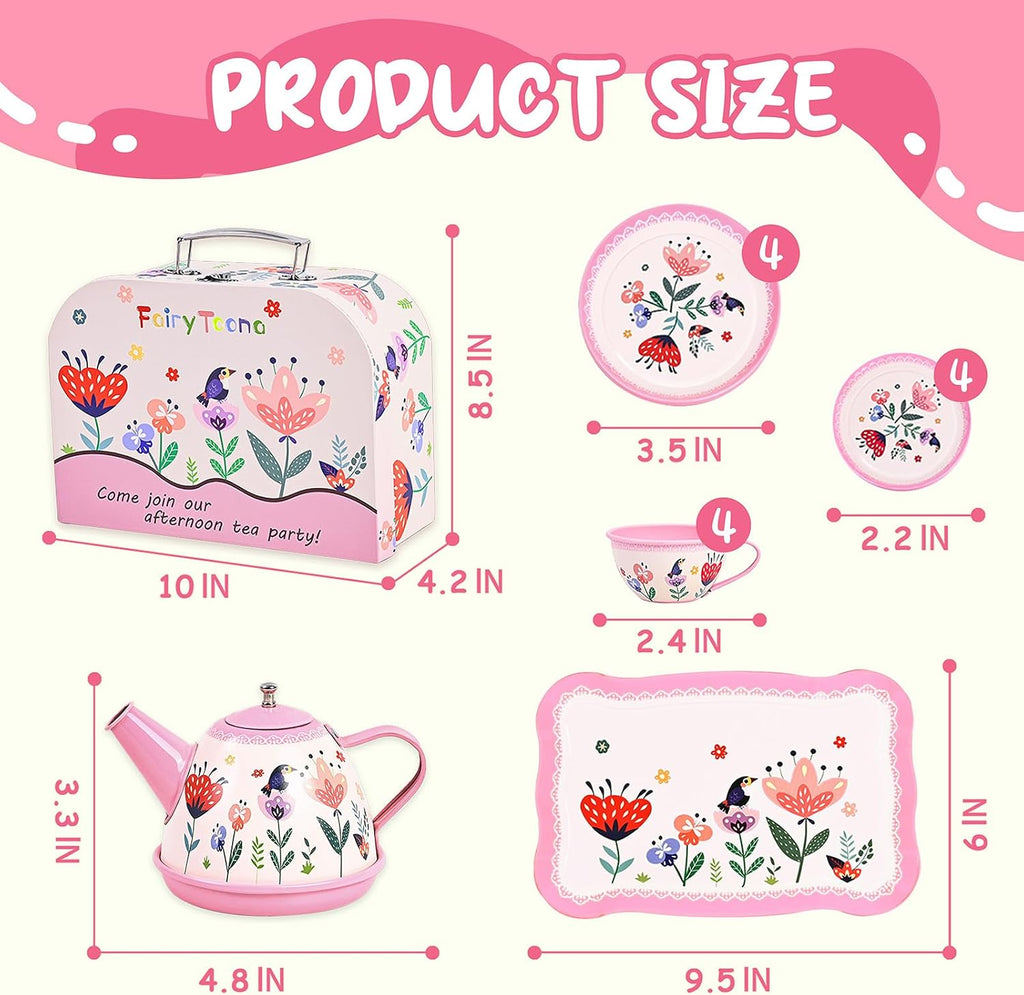 Juego de fiesta de té floral para niñas pequeñas de 3 a 6 años, juego de 15 piezas de juguetes de cocina de simulación con tetera, tazas, platos y estuche de almacenamiento, juego de