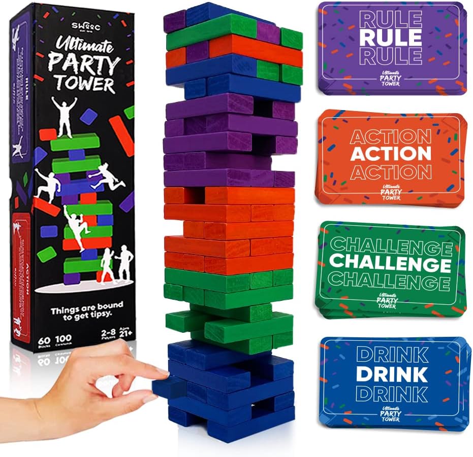 SWOOC Games - Ultimate Party Tower™ - 100 Comandos Originales, 60 Bloques, y Miles de Divertidas Combinaciones de Reglas - Una Vuelta Divertida a los Clásicos Juegos para Hora de Poder - Edades 21+