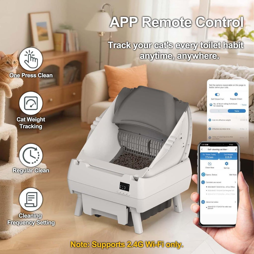 Caja de arena automática para gatos, control de aplicación, diseño abierto, monitor de salud inteligente, adecuado para gatos medianos y gatitos, seguridad antipellizcos, funcionamiento